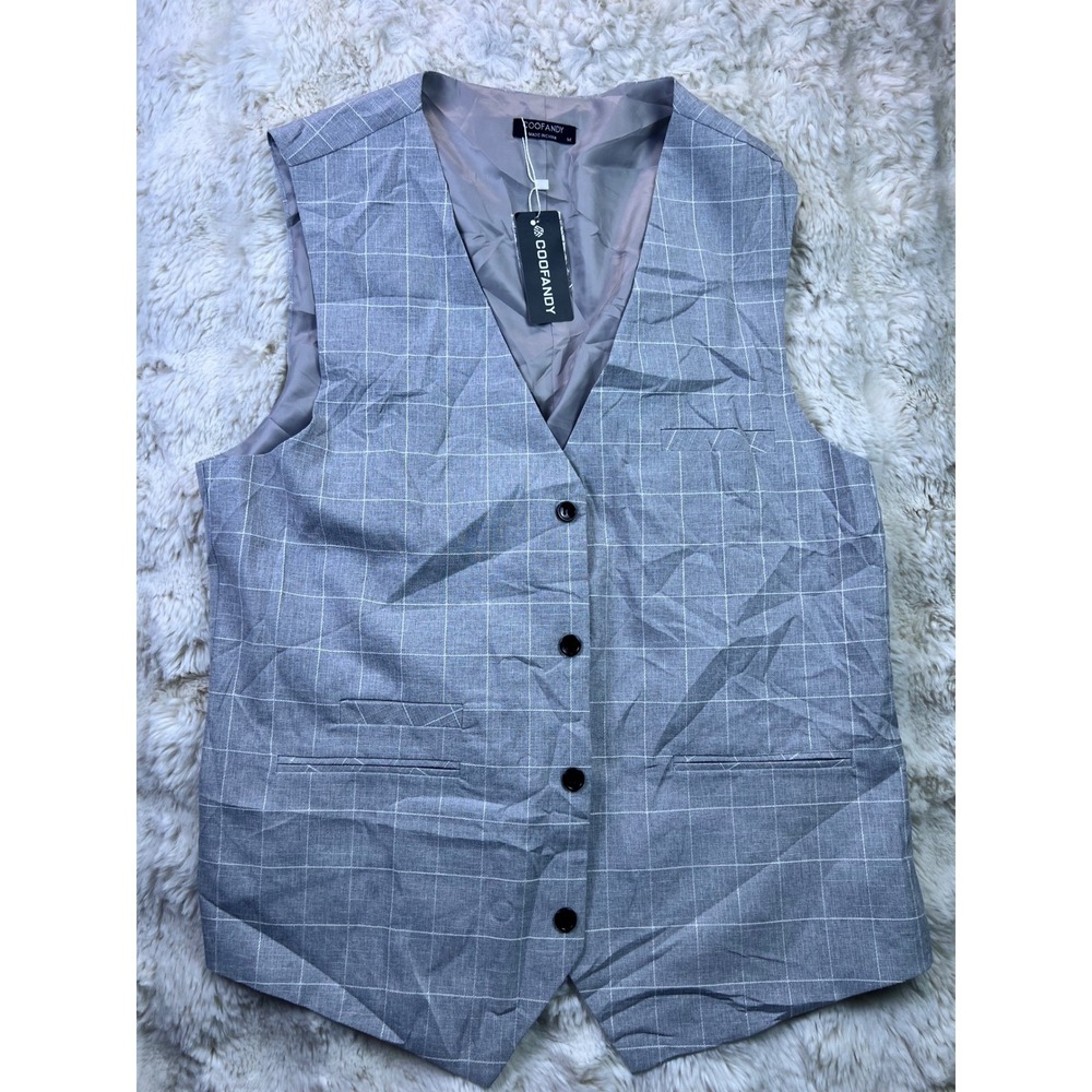 COOFANDY Mens Gray Windowpane Plaid Suit Vest Slim Fit Waistcoat Size M NWT A36